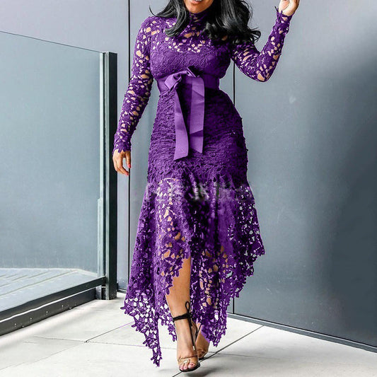 Boutique Wholesale 2025 Autumn New Fashion Stand Collar Lace Hollow Out Long Sleeved Irregular Women's Dress