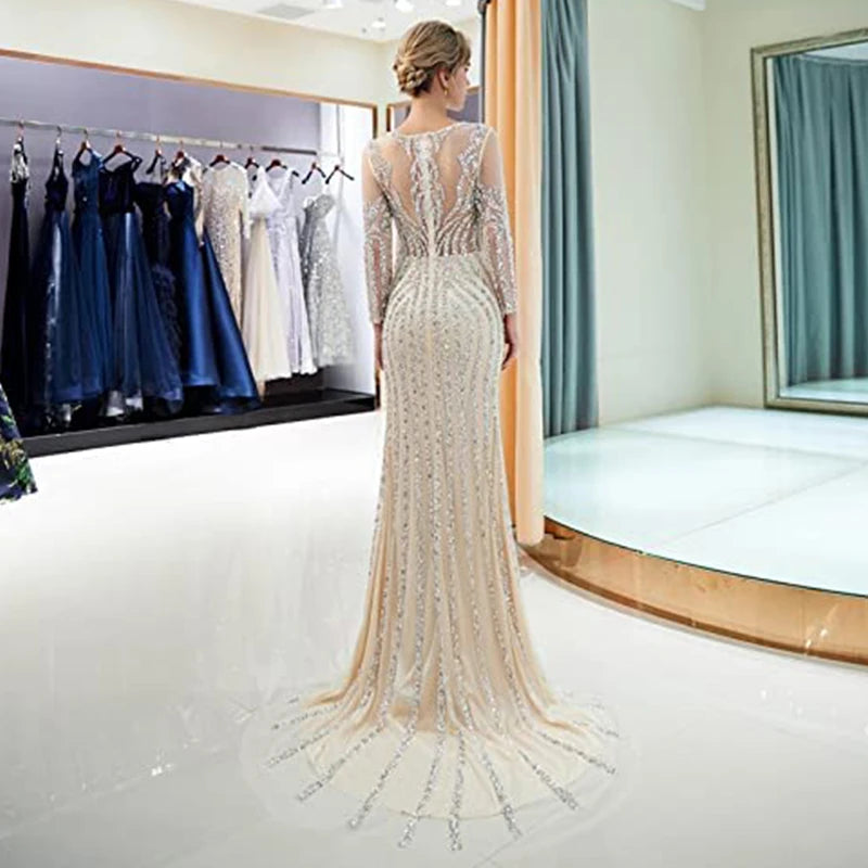 13878# Sparkle Crystal Mermaid Wedding Dress Luxury Long Sleeve Scoop Neck Bridal Gown for Women Zipper Sweep Train