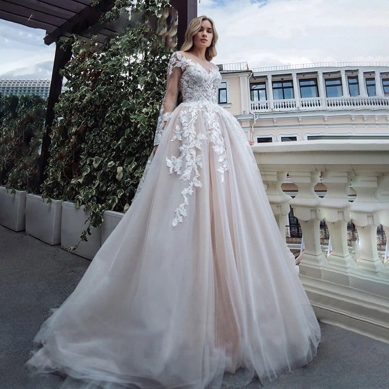 #13798 Modern Long Sleeve Wedding Dress Ball Gown Sexy Boat Neck Appliques Bridal Gown Lace Backless Button Tulle Sweep Train