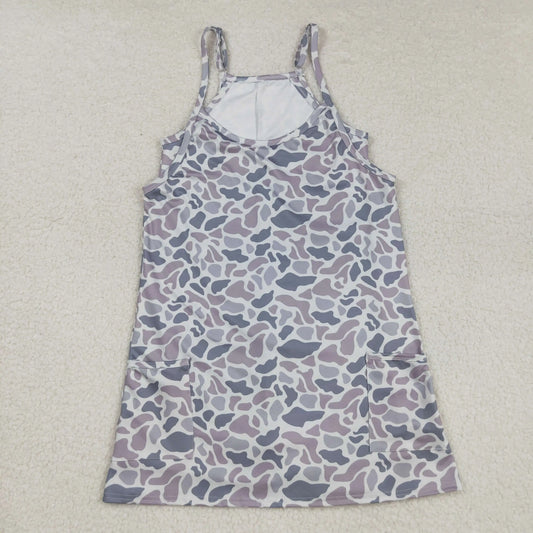 USA Warehouse Adult Women Strap Grey Camo Yoga Active Pockets Short Wholesale Boutique Knee Length Dress Ready to Ship No moq