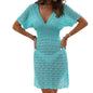 Deep V-Neck Solid Natural Waist Short Sleeve A-line Beach Dress Polyester/Cotton Summer