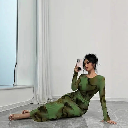 BR6013 Women's Vintage Printed Stretchy Dress Empire Waist Crew Neck Long Skirt Anti-Static Polyester Spandex