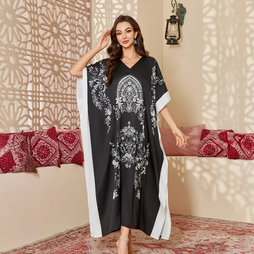 2026 New Satin Printed Abaya Women Traditional Islamic Clothing Long Robe Modest Muslim Dress