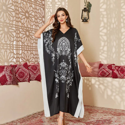 2026 New Satin Printed Abaya Women Traditional Islamic Clothing Long Robe Modest Muslim Dress