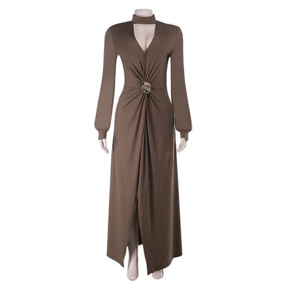 Cross-border Fashion Deep V High Split New Long Dress Pleated Design Sense Celeb Dress Dress