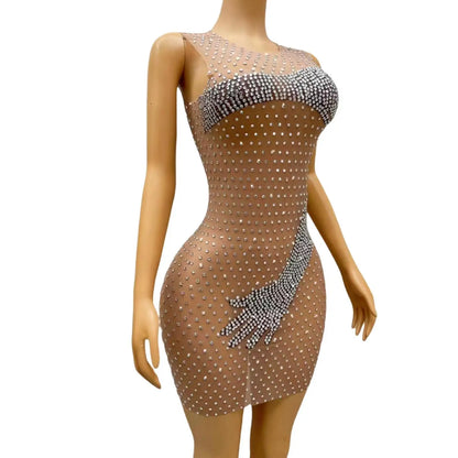 Vestidos Mujer Sleeveless See Through Formal Party Evening Dress Ladies Dinner Banquet Prom Dress Women Sexy Diamonds Club Dress