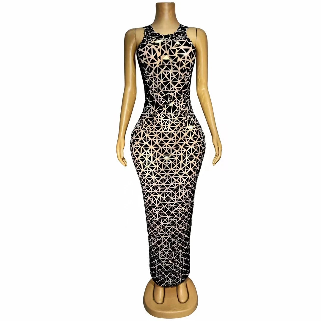 Vestidos Mujer Sleeveless Mirror Sequins Prom Gown See Through Nightclub Party Long Dress Women Formal Banquet Evening Dress