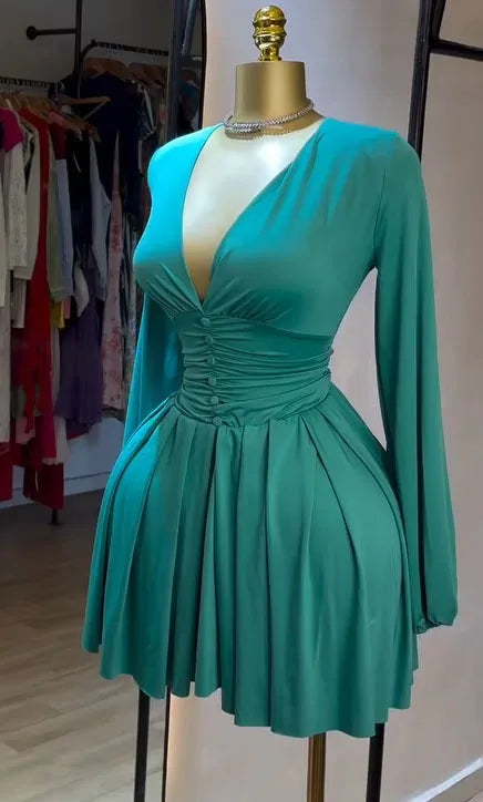 Women's Pleated V-neck Long-sleeved Dress French Style Slim Waist Knee Length Skirt