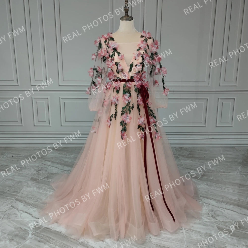 14252# Real Photos Romantic Long Sleeves V Neck 3D Flowers Tulle A-line Prom Evening Dress Wedding Party Gown for Women