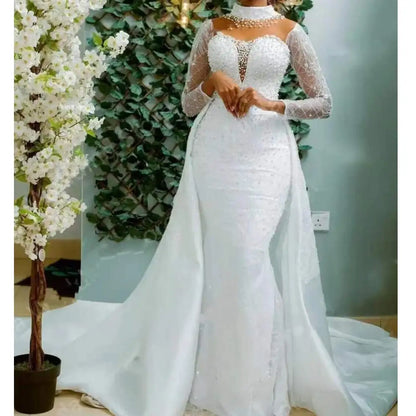 African Mermaid Wedding Dress With Sheer Long Sleeves Detachable Train Satin Fabric High Collar Plus Size Applique Bridal Gowns