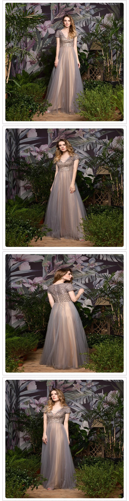 Elegant Evening Dress Short Sleeves Delicate Beaded Gray Tulle Ladies Long Evening Party Wear Gown
