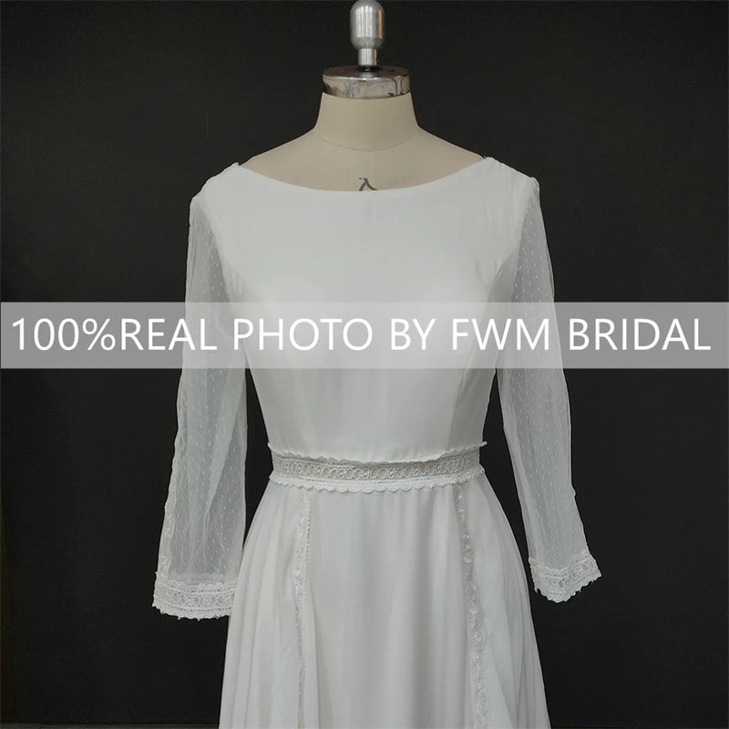 8862# Real Photos O-neck Backless Appliques Illusion Lace Wedding Dress Soft Chiffon Sweep Train A-line Bridal Gown for Party