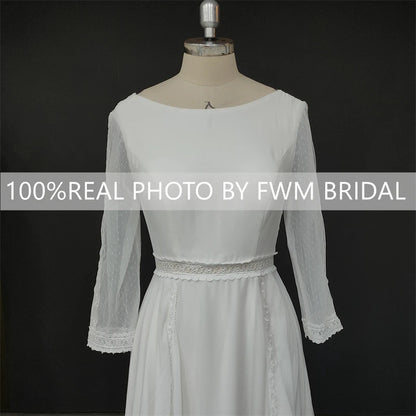 8862# Real Photos O-neck Backless Appliques Illusion Lace Wedding Dress Soft Chiffon Sweep Train A-line Bridal Gown for Party