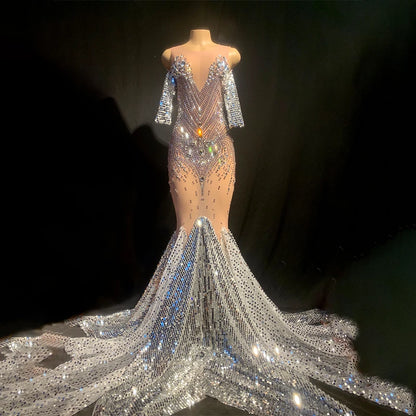 Elegant See Through Glitter Sequins Rhinestone Wedding Party Ball Gowns for Women Prom Trailing Dress Mermaid Evening Dresses