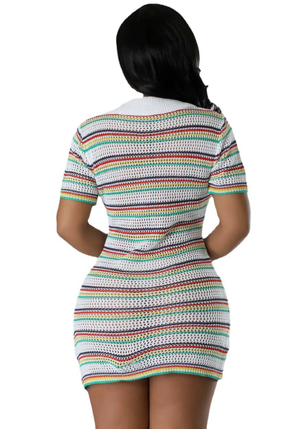 AJ4450 Winter A-Line Casual Women's Woolen Neck Knitted Slim-fit Short Sleeve Striped Button Polo Neck Dress