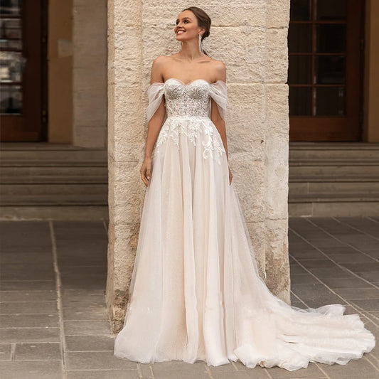 13409#Bohemian Off-Shoulder A-Line Wedding Dresses Backless Short Sleeve Sweep Train Sweetheart Sparkle Lace Wedding Bridal Gown