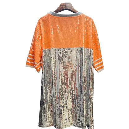 Cheerleaders Uniform O-Neck Number 16 Sparkle Sequin T-shirt Dress Festival Club Casual Loose Oversized Tunic Tee Sequin Jersey