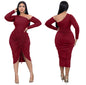 New Fashion Plain Color Spring Long Sleeves Pleated Ruffles Notched Cut Front Bodycon Dress Women Stylish Eve Sexy Dress