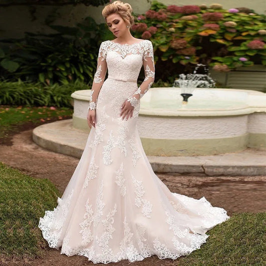 Spring New Backless Mermaid Trailing Lace Wedding Dress Long Sleeve Lawn Empire Silhouette Embroidered Technique