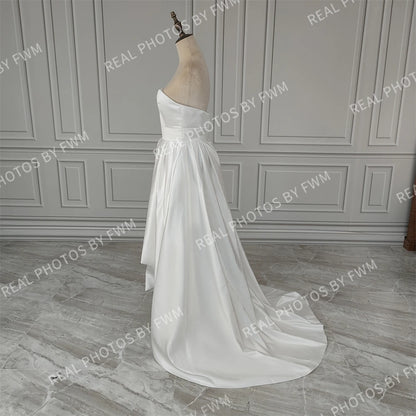 15506# Real Photos 2 in 1 High Low Boat Neck Sweep Train Satin A-line Wedding Dress Bridal Gown for Women With Pockets