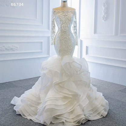 Jancember RSM66734 Mermaid Tail Off Shoulder Luxurious Long Sleeve Lace Wedding Dress