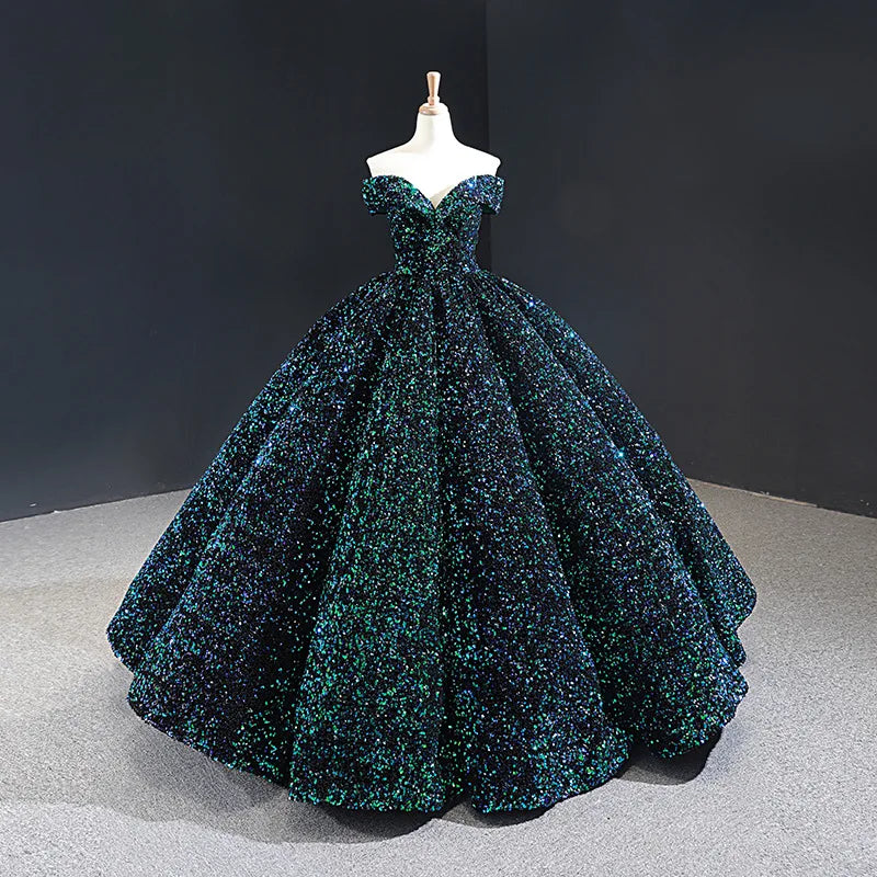 Elegant Modern One-Shoulder Bridal Wedding Dress Lace-up Tutu Skirt Adults Sleeveless Ball Gown Color Changing Sequin Prom Gown