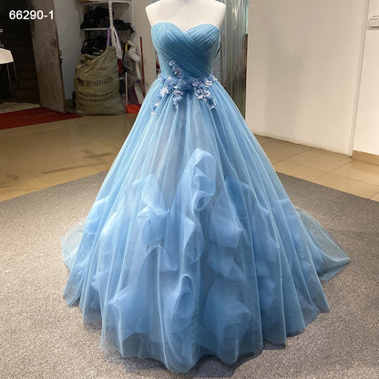 Jancember RSM66290-1 Elegant  Flower Blue Sweetheart Lace Ruffle Evening Gowns Dress