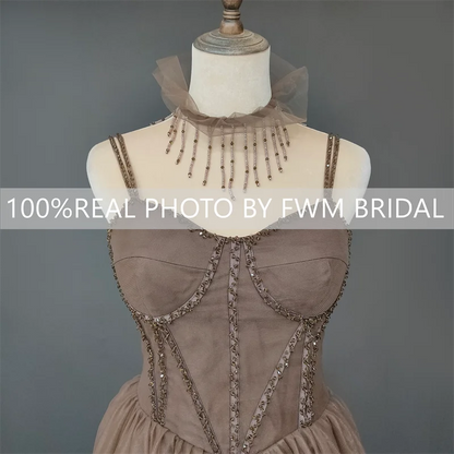 Real Photos Spaghetti Straps Lace Wedding Party Dress Exquisite   Beading Bridal Gown With Necklace Evening Prom Dress 15391