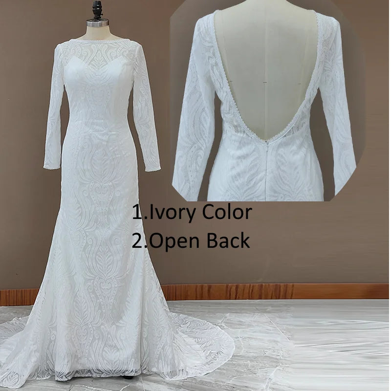 #4053 New Elegant Lace Bateau Long Sleeves Boho Wedding Dress Backless Plus Size Rustic Bridal Photoshoot Gown