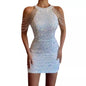 European American New Women's Eco-Friendly Sexy Colorful Sequin Mini Ball Gown Backless Halterneck Tassel Slim Hip Skirt Dress