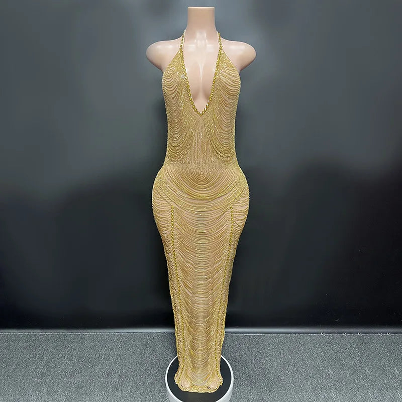 Novance Y2699-Lc Maxi Plus Size Custom Dresses Manufacturing Golden Evening Dress Rhinestone Dress With Mesh for Birthday Party