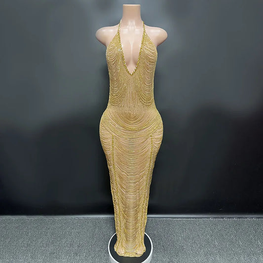 Novance Y2699-Lc Maxi Plus Size Custom Dresses Manufacturing Golden Evening Dress Rhinestone Dress With Mesh for Birthday Party