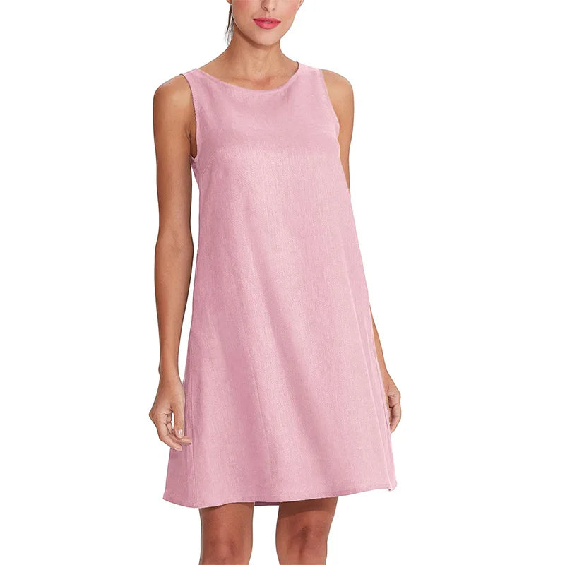 100% Linen O-Neck A-line Casual Sleeveless Loose Pockets Dress for Women