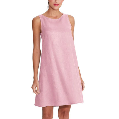 100% Linen O-Neck A-line Casual Sleeveless Loose Pockets Dress for Women