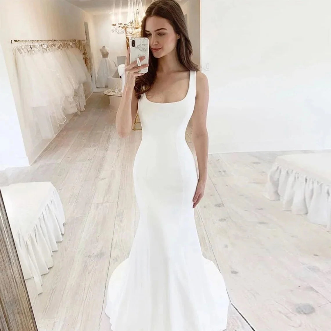 11896# Bohemian Sleeveless Wedding Dress Square Neckline Sweep Train Soft Satin Backless Simple Wedding Dress Bridal Gown