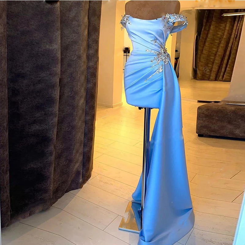 EV051 Sky Blue Asymmetrical Cocktail Dresses Off the Shoulder Beads Shiny Short Evening Party Gowns Custom Made Mermaid Dress