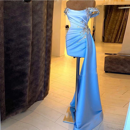 EV051 Sky Blue Asymmetrical Cocktail Dresses Off the Shoulder Beads Shiny Short Evening Party Gowns Custom Made Mermaid Dress