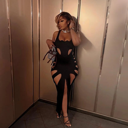 Sexy Black Slim Party Dress Side Split Skinny Hollow Out Dress Elegant Women Casual Dresses