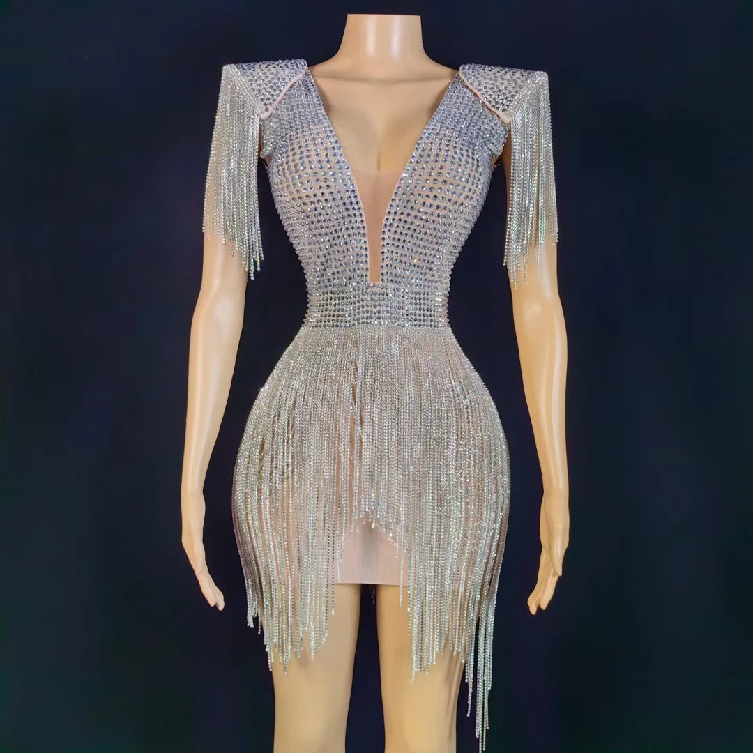 Sexy Rhinestone Tassel Prom Gown Backless Birthday Wedding Formal Dress Women Mini Party Club Dress Bodycon Evening Dress