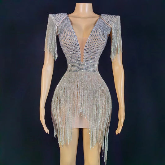 Sexy Rhinestone Tassel Prom Gown Backless Birthday Wedding Formal Dress Women Mini Party Club Dress Bodycon Evening Dress