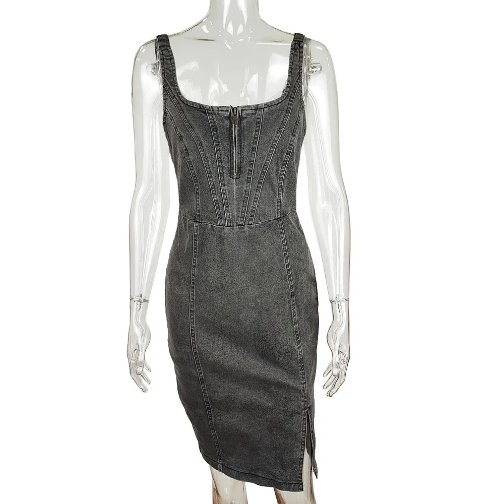 High Waist Skinny Fitted Sleeveless Denim Midi Dress Women Stretchy Patchwork Zipper Casual Bodycon Jean Dresses