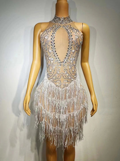 Elegant Rhinestone Tassel Short Birthday Prom Dress Lady Dancer Costume Formal Party Evening Dresses Women Night Club Dress