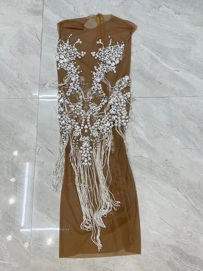 Sexy Transparent Crystal Tassel Sequin Cocktail Night Club Party Mini Dress Plus Size Dinner Gown Women Dancer Wear Prom Dress