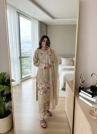 Floral Satin Heavy Viscose Silk Embroidery A-Line Floor-Length Hand Washable High-quality Women's Evening Dress Indian Pakistani