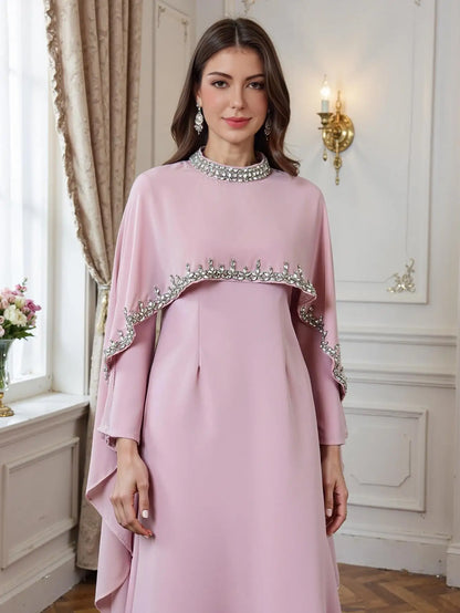 Luxury Beaded Abaya Kaftan for Women Long Sleeve Round Neck Floor Length Modest Dress for Eid Ramadan Party