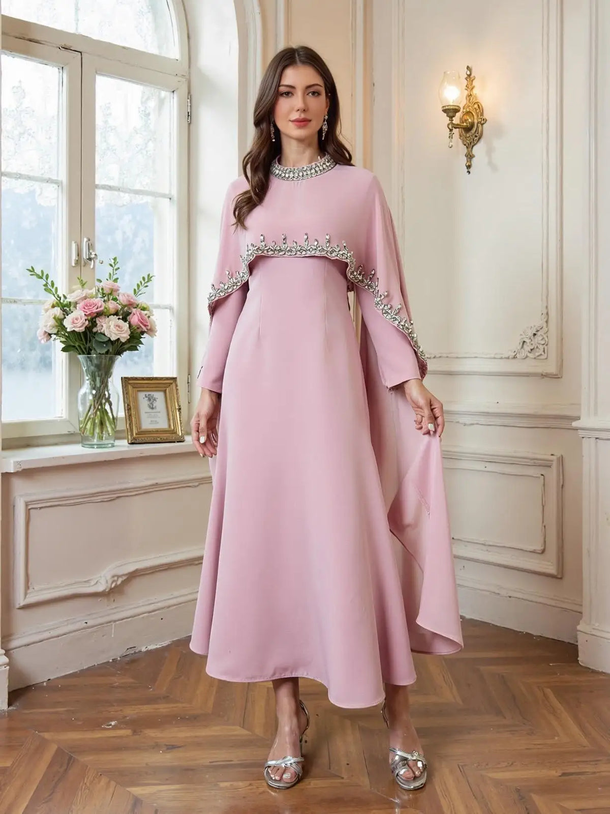 Luxury Beaded Abaya Kaftan for Women Long Sleeve Round Neck Floor Length Modest Dress for Eid Ramadan Party