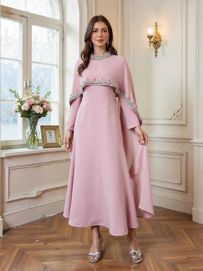 Luxury Beaded Abaya Kaftan for Women Long Sleeve Round Neck Floor Length Modest Dress for Eid Ramadan Party