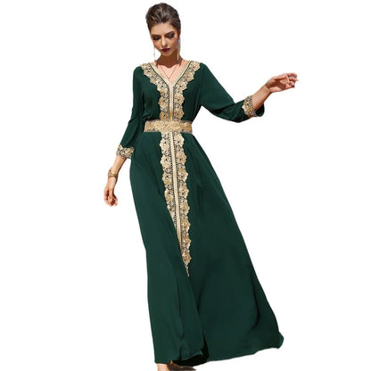 Muslim Women's Beaded Solid Polyester Abaya Dress Modest Ankle-Length Long Sleeve Party Wear
