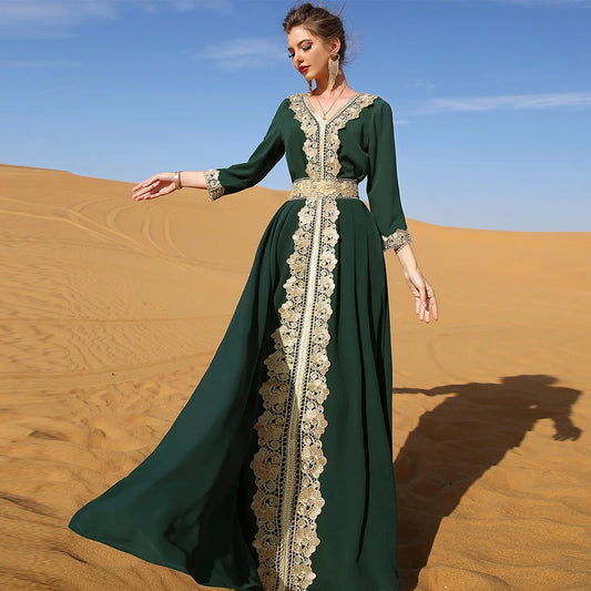 Muslim Women's Beaded Solid Polyester Abaya Dress Modest Ankle-Length Long Sleeve Party Wear