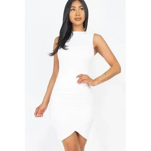 Sleeveless Shirred Bodycon Mini Dress Casual Stretch Knit in Mustard White Coral